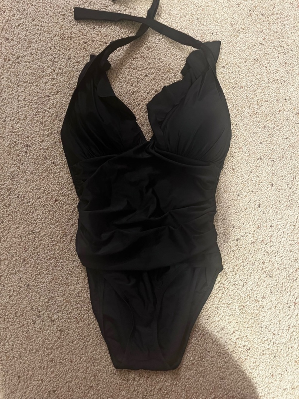 Ellen Tracy Black Halter One-Piece Swimsuit, molded cups, size 12